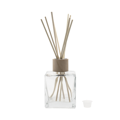Flacon pentru odorizant din sticla transparenta 200 ml, capac, guler lemn si betisoare