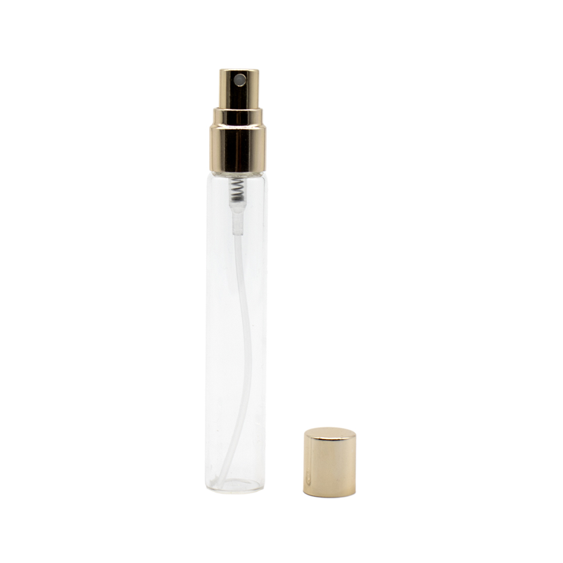 Flacon de parfum din sticla transparenta 10 ml si pulverizator, capac auriu