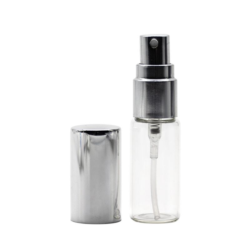 Flacon de parfum din sticla transparenta 5 ml si pulverizator, capac argintiu