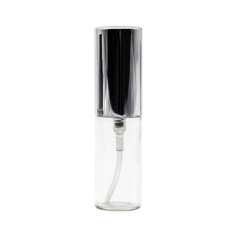 Flacon de parfum din sticla transparenta 5 ml si pulverizator, capac argintiu