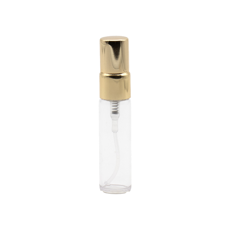 Flacon de parfum din sticla transparenta 5 ml si pulverizator, capac auriu