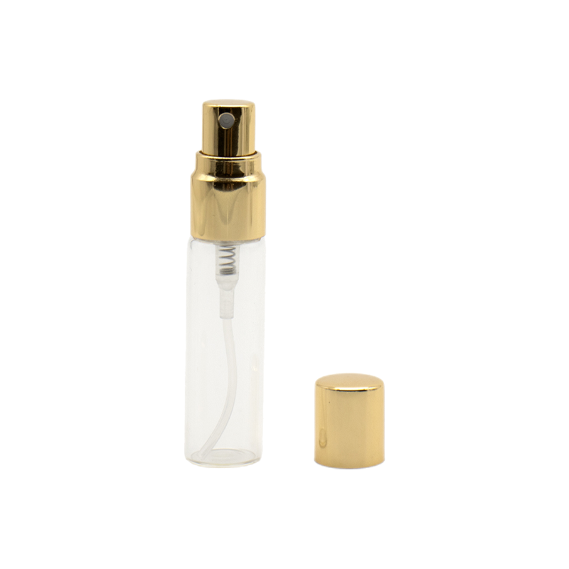 Flacon de parfum din sticla transparenta 5 ml si pulverizator, capac auriu