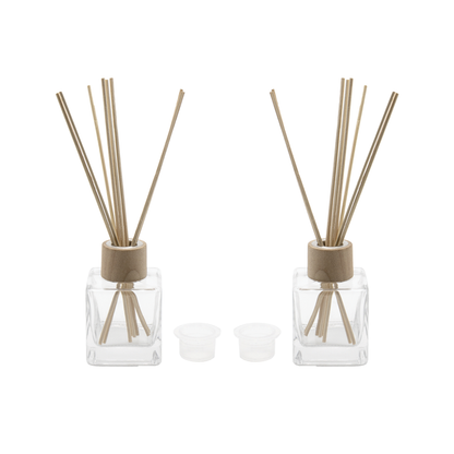 Flacon pentru odorizant din sticla transparenta 100 ml, capac, guler lemn si betisoare