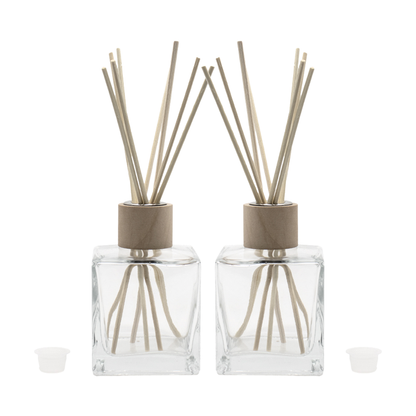Flacon pentru odorizant din sticla transparenta 200 ml, capac, guler lemn si betisoare