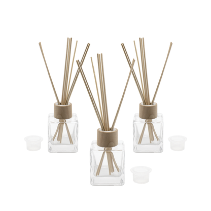 Flacon pentru odorizant din sticla transparenta 100 ml, capac, guler lemn si betisoare