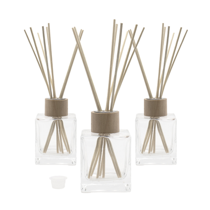 Flacon pentru odorizant din sticla transparenta 150 ml, capac, guler lemn si betisoare