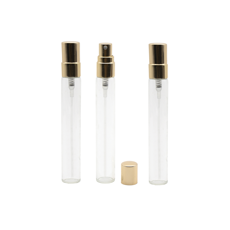 Flacon de parfum din sticla transparenta 10 ml si pulverizator, capac auriu