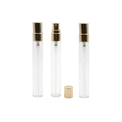 Flacon de parfum din sticla transparenta 10 ml si pulverizator, capac auriu