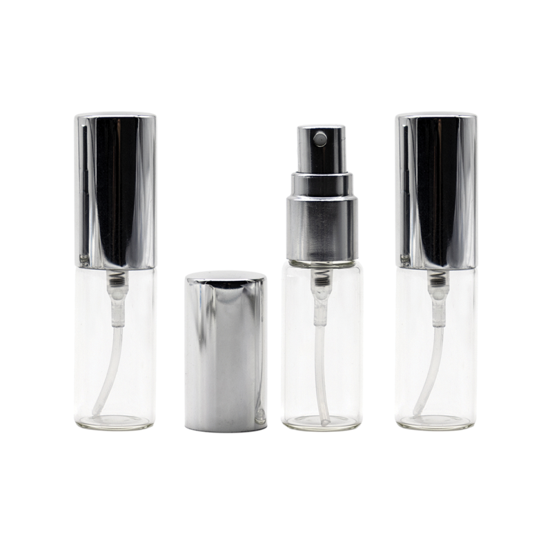 Flacon de parfum din sticla transparenta 5 ml si pulverizator, capac argintiu