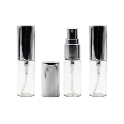 Flacon de parfum din sticla transparenta 5 ml si pulverizator, capac argintiu
