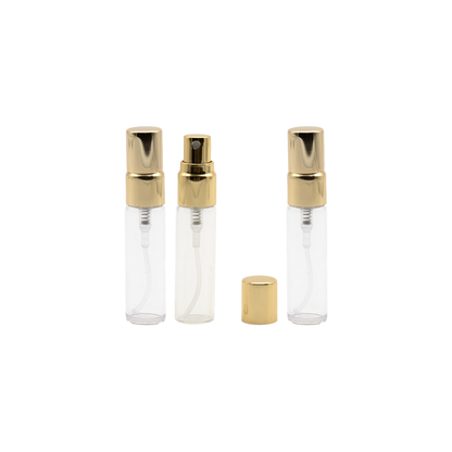 Flacon de parfum din sticla transparenta 5 ml si pulverizator, capac auriu