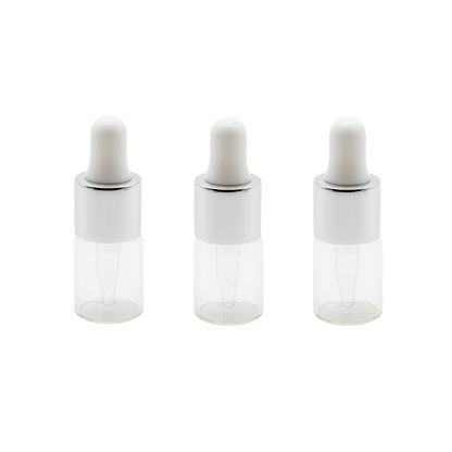 Recipient sticla transparenta 2 ml, guler argintiu si pipeta, cauciuc alb