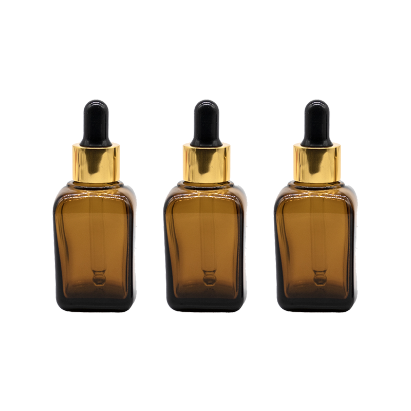 Recipient sticla patrata maro 30 ml si pipeta, cauciuc negru, guler auriu