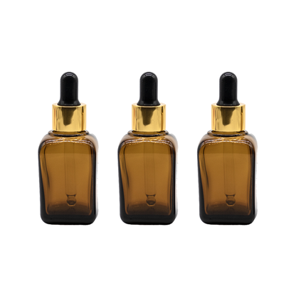 Recipient sticla patrata maro 30 ml si pipeta, cauciuc negru, guler auriu