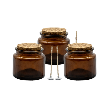 Recipient pentru lumanare din sticla maro 100 ml, fitil si capac pluta