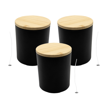 Recipient pentru lumanare din sticla neagra mata 200 ml, fitil si capac bambus