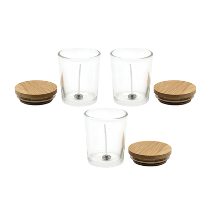 Recipient pentru lumanare din sticla transparenta 65 ml, fitil si capac bambus