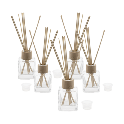 Flacon pentru odorizant din sticla transparenta 100 ml, capac, guler lemn si betisoare