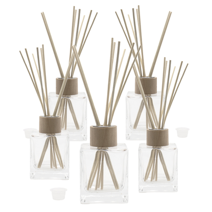Flacon pentru odorizant din sticla transparenta 150 ml, capac, guler lemn si betisoare