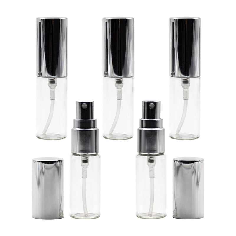 Flacon de parfum din sticla transparenta 5 ml si pulverizator, capac argintiu