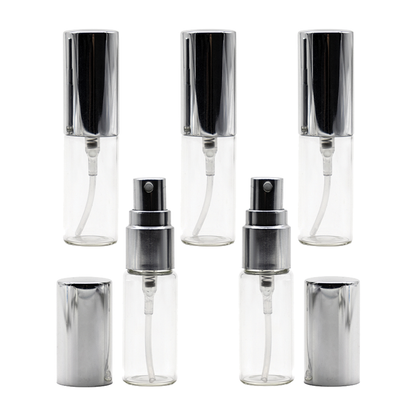 Flacon de parfum din sticla transparenta 5 ml si pulverizator, capac argintiu
