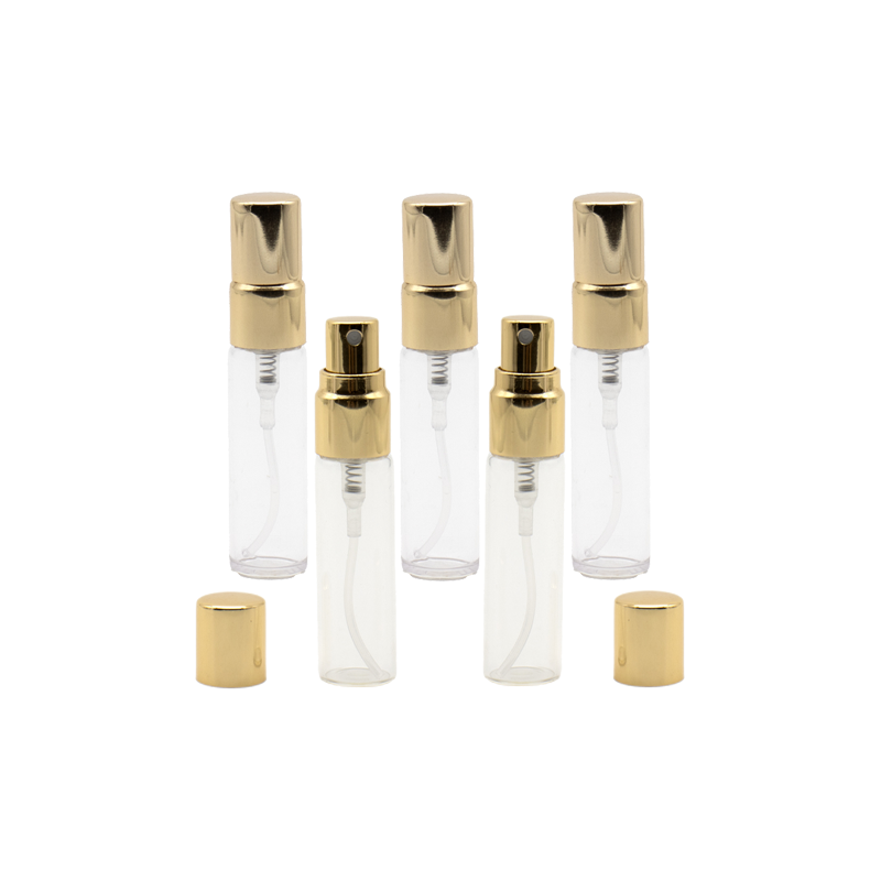 Flacon de parfum din sticla transparenta 5 ml si pulverizator, capac auriu