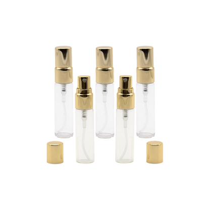 Flacon de parfum din sticla transparenta 5 ml si pulverizator, capac auriu