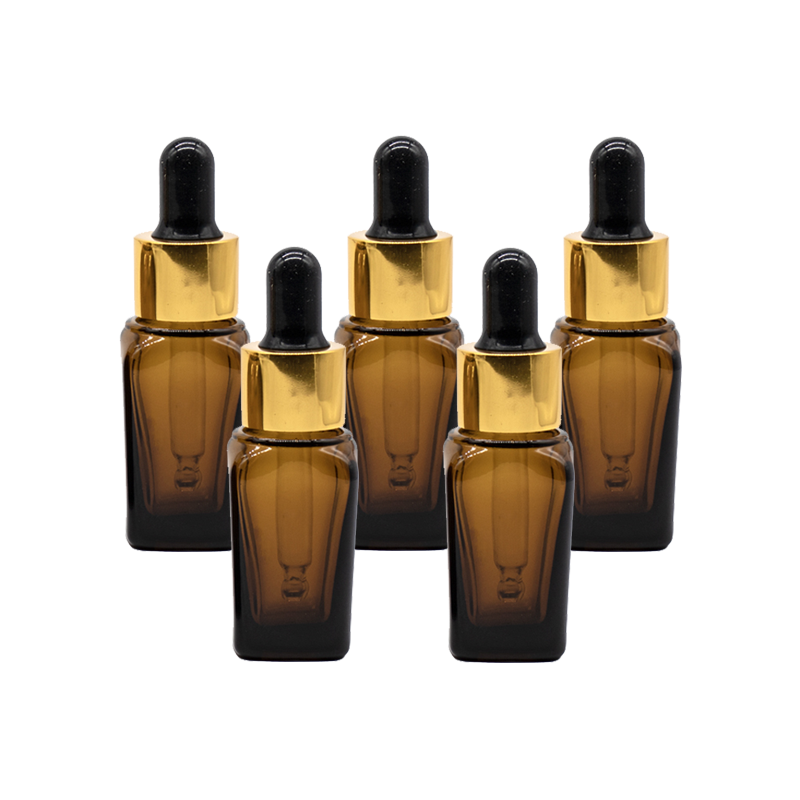 Recipient sticla patrata maro 10 ml si pipeta, cauciuc negru, guler auriu