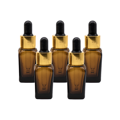 Recipient sticla patrata maro 10 ml si pipeta, cauciuc negru, guler auriu