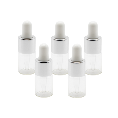 Recipient sticla transparenta 2 ml, guler argintiu si pipeta, cauciuc alb