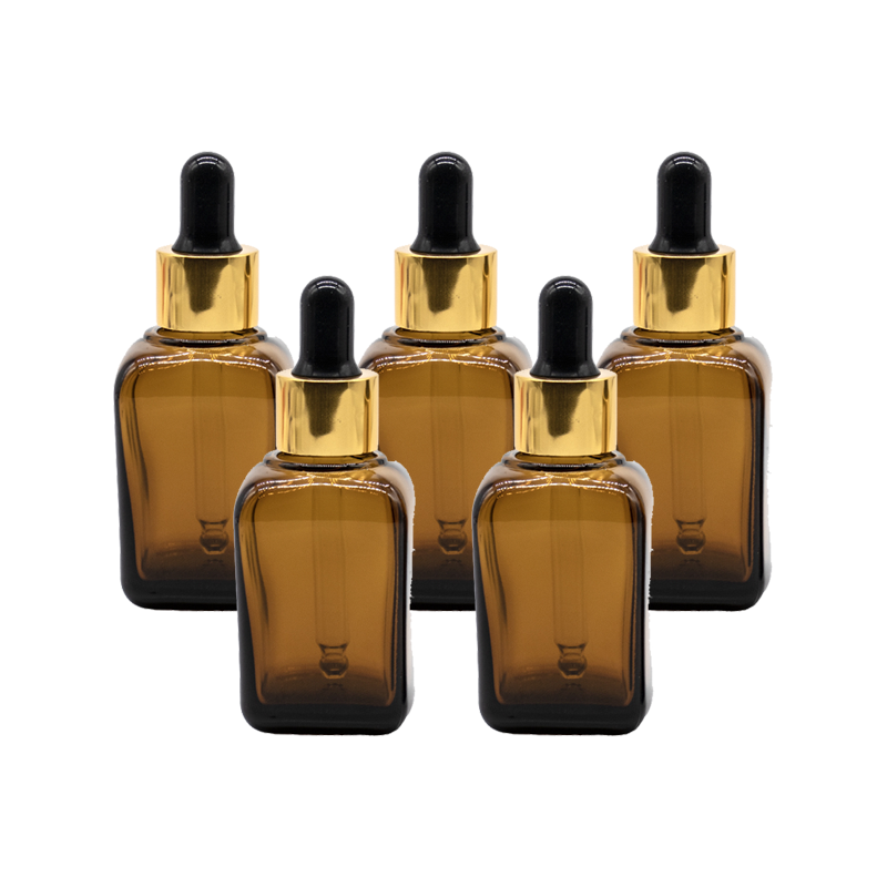 Recipient sticla patrata maro 30 ml si pipeta, cauciuc negru, guler auriu