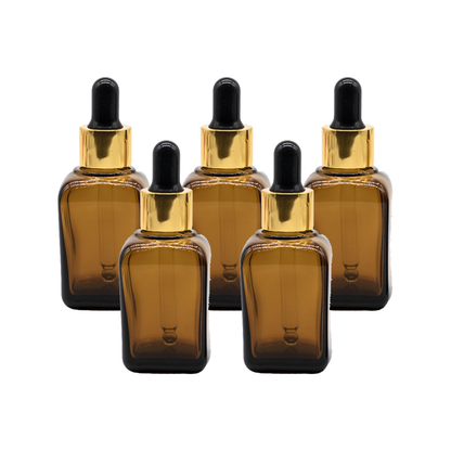 Recipient sticla patrata maro 30 ml si pipeta, cauciuc negru, guler auriu