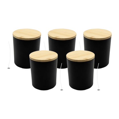 Recipient pentru lumanare din sticla neagra mata 200 ml, fitil si capac bambus
